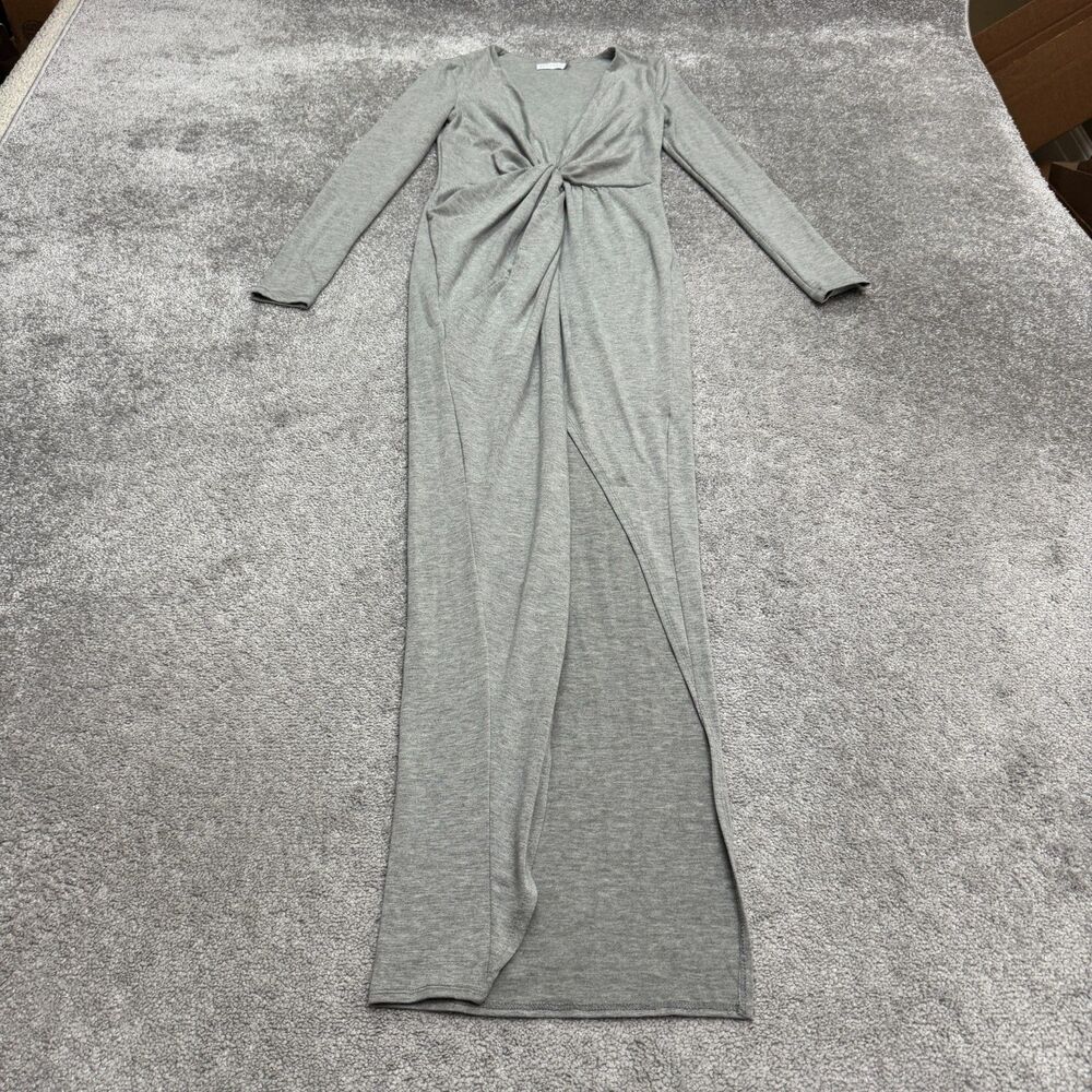 Shareen Knotted Front High Slit Maxi Dress Womens 8 Gray Long Sleeve V-Neck